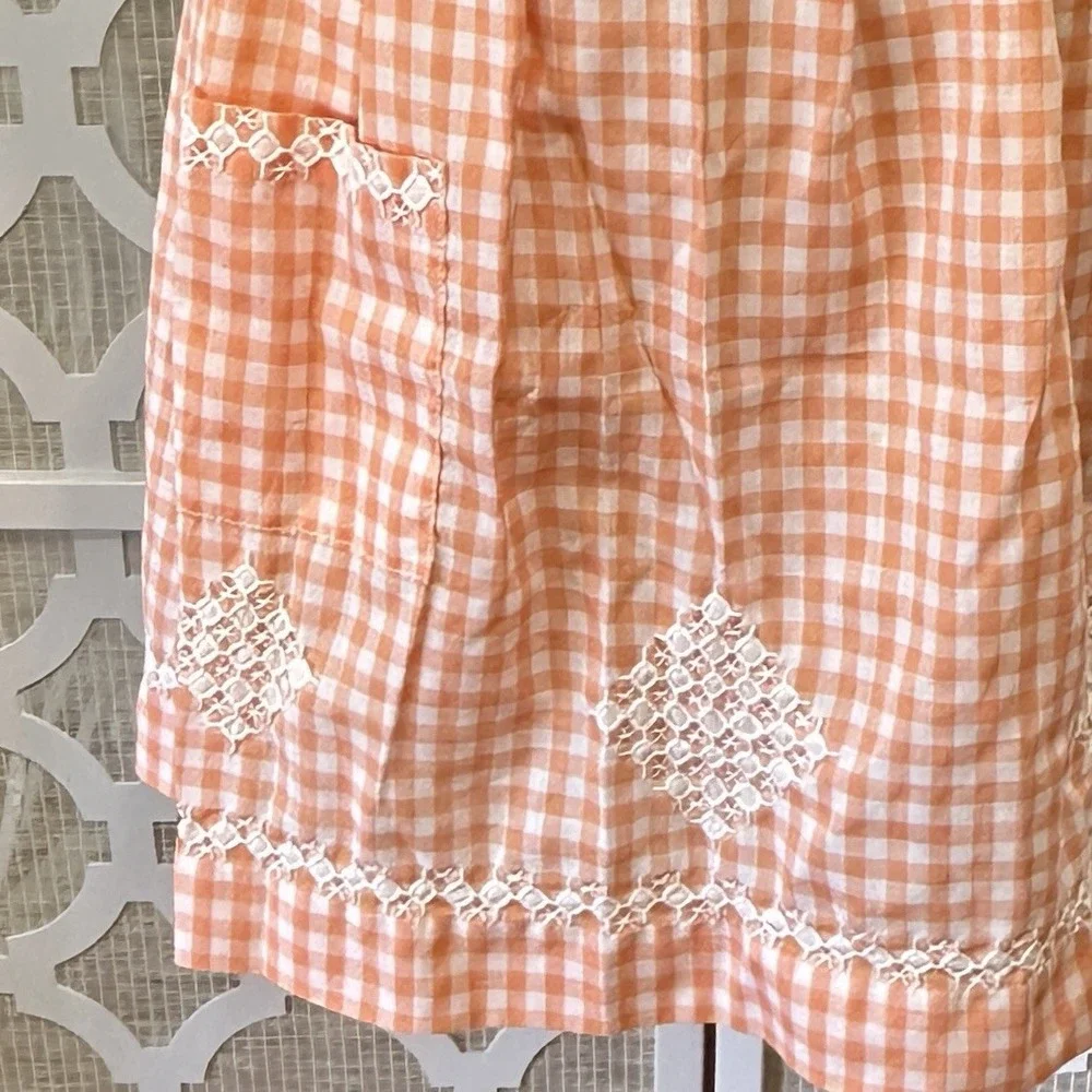 Vintage Gingham Check Half Waist Apron Embroidered Peach Cottagecore Trad‎ Wife